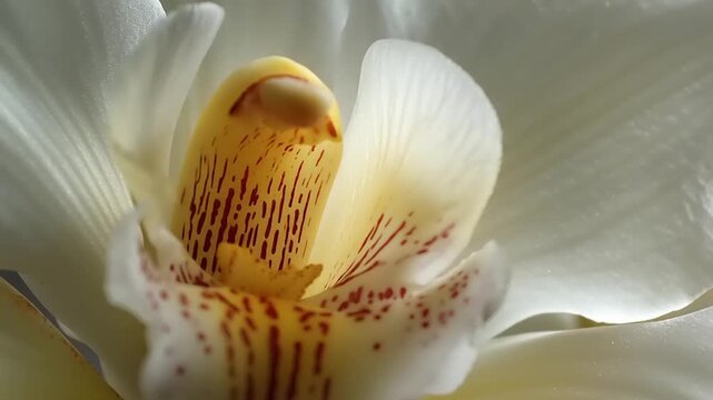 A detailed close-up view of a white orchid flower's center showcasing its intricate structure and delicate petals in a video