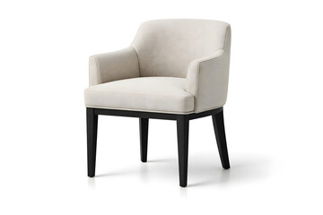 Fototapeta premium Elegant Upholstered Dining Armchair Neutral Beige Fabric Black Wooden Legs Studio Isolated
