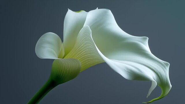 A macro shot of a white calla lily flower in full bloom against a dark gray background