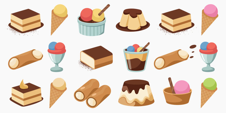 Italian Desserts and Ice Cream Isometric Illustration With Gelato Tiramisu Cannoli Cake Pastry Sweet Treats Bakery Food Flat Vector Graphics