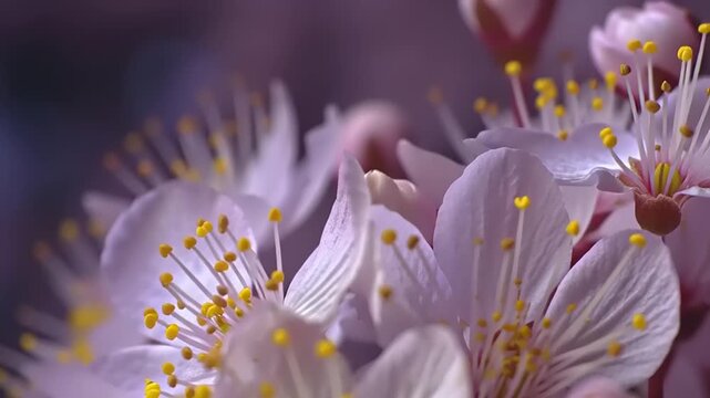 A macro shot of cherry blossoms with delicate pink petals and yellow stamens swaying gently in the breeze, captured in high definition video.