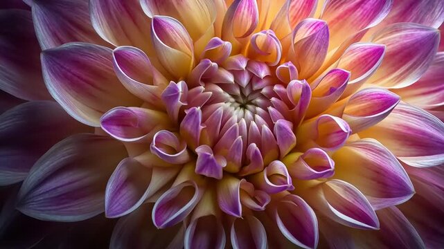 A close-up shot of a vibrant dahlia flower with spiral pattern in full bloom