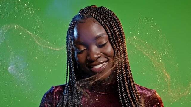 Green Screen slow motion portrait of an african american millennial woman looking at the camera on to be keyed or composited scene 3 with distortion, overlay, glitch, static noise, scan lines black