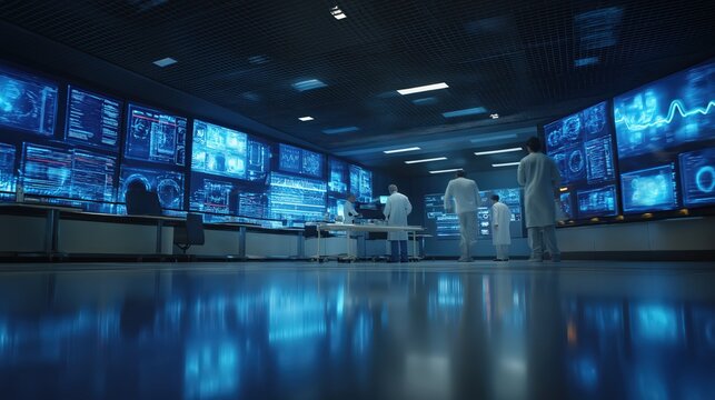 A futuristic control room with multiple large digital screens displaying data, monitored by scientists or technicians in lab coats.