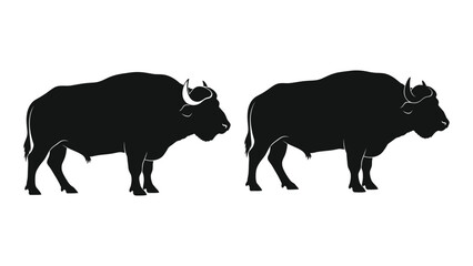 Obraz premium Two bison silhouettes stand facing each other in a simple black and white illustration