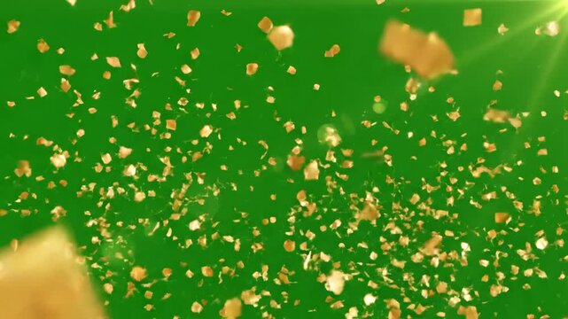 Green Screen beautiful golden confetti is falling nice and slow scene 1 with distortion, overlay, glitch, static noise, scan lines on black background, 4k animated video loop