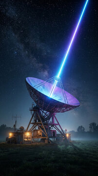 Sci-fi concept of interstellar communication with a radio telescope emitting a powerful blue laser into the starry night sky. Extraterrestrial contact and SETI.