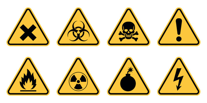 Danger Warning Sign Icon Set Showing Poison Toxic Biohazard Skull Chemical Hazard Yellow Triangle Caution Symbol Vector Illustration