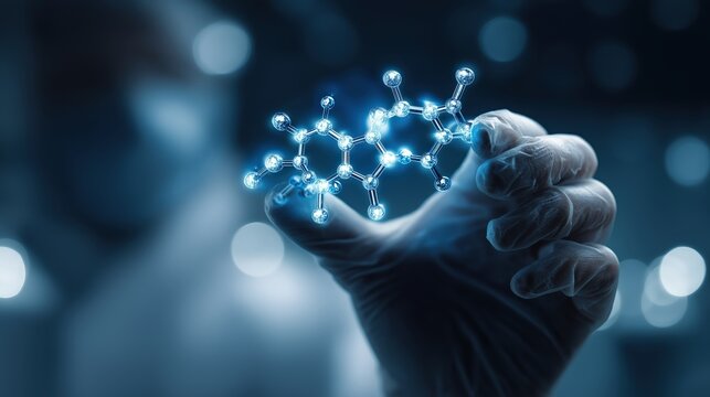 A gloved hand holds a glowing molecular structure, symbolizing scientific research and innovation in chemistry or biotechnology.