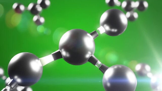 Green Screen opaque covalent bond between three ozone molecules o3 particles floating around in the layer scene 2 with distortion, overlay, glitch, static noise, scan lines on black background, 4k