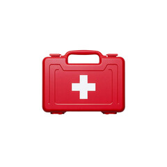 Obraz premium A bright red first aid kit with a prominent white cross symbol on the front, signifying medical assistance and emergency care.