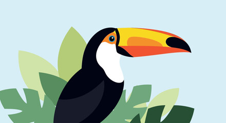 Colorful toucan bird with tropical leaves on light blue background © setok