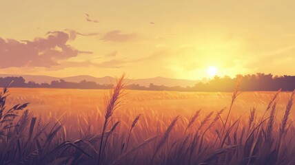 Fototapeta premium Golden Wheat Field Under a Vibrant Sunset Sky with Soft Clouds in a Peaceful Landscape