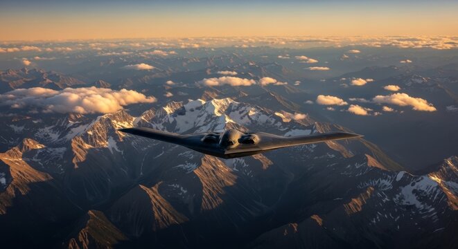 B-2 Spirit stealth bomber flies over majestic snow-capped mountains at sunrise, showcasing advanced aviation technology and breathtaking natural beauty