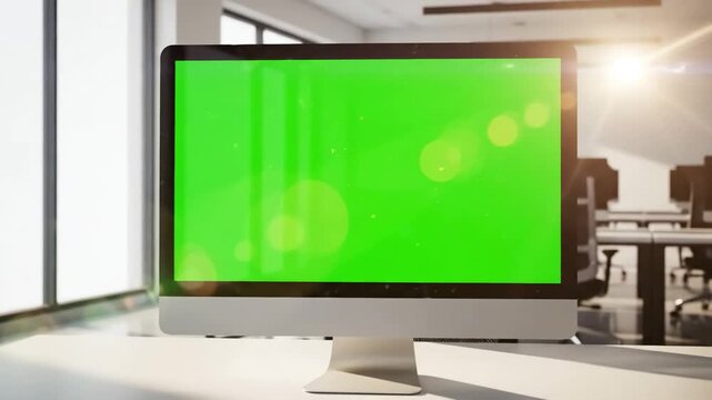 Green Screen close up of on computer in empty business office isolated template and mock background with chroma key monitor nobody workplace copy space app display scene 4 distortion, overlay, glitch