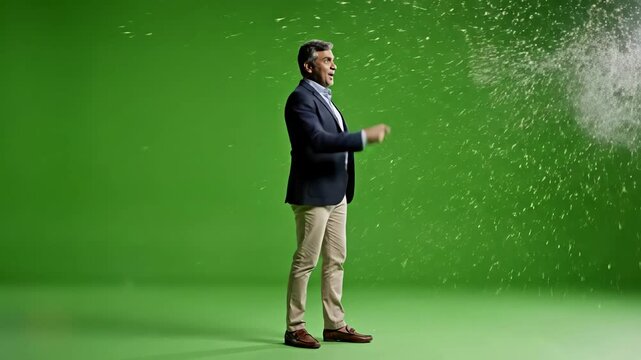 Green Screen fascinated and impressed business man looking up around turning shopping sales full length on chroma key background scene 4 with distortion, overlay, glitch, static noise, scan lines