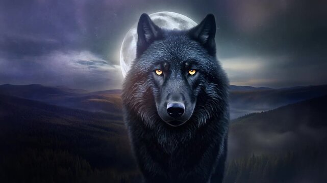 Black wolf standing under full moon.