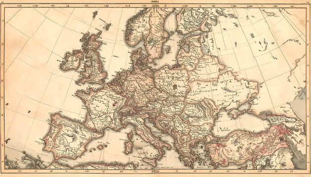 A vintage map of Europe with visible country borders and geographical details
