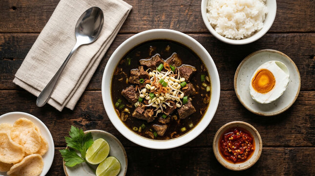 Complete Rawon Meal Flat Lay with Rice Egg and Sambal