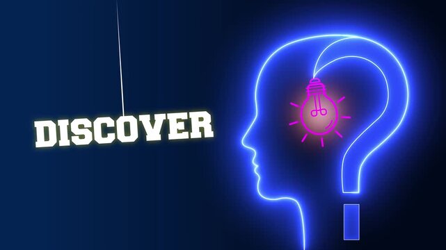 Discover text sign swinging besides a glowing neon blue human head profile with a pink light bulb and question mark representing breakthrough ideas and discovery