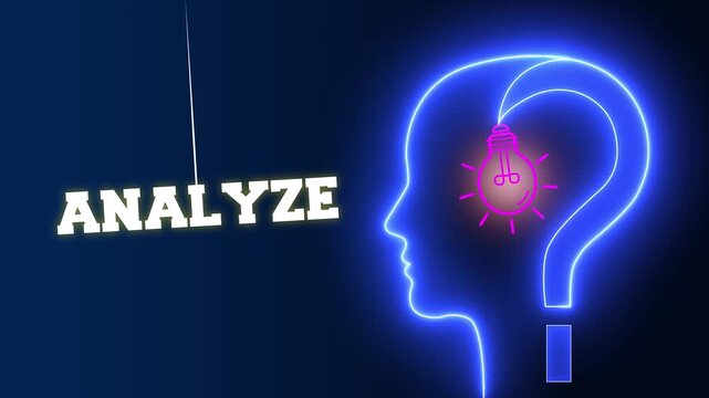 Analyze text sign swinging besides a glowing neon blue human head profile with a pink light bulb and question mark representing logical data and mental analysis