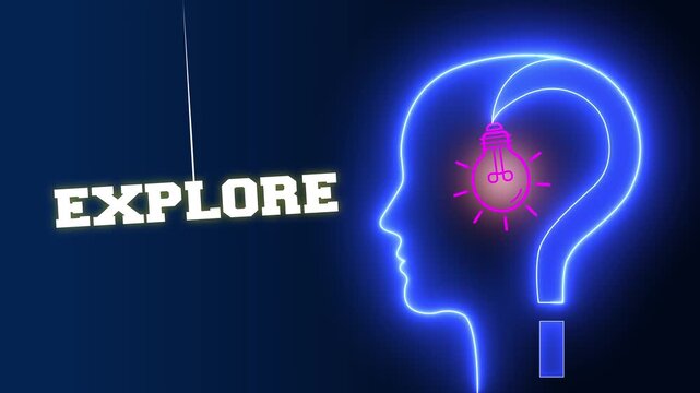 Explore text sign swinging besides a glowing neon blue human head profile with a pink light bulb and question mark representing a journey of creative ideas and mind