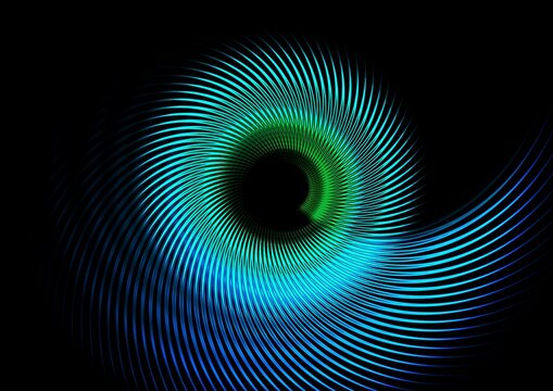 青と緑の光の線が渦巻く抽象テクノロジー背景素材