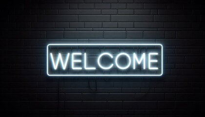 Obraz premium Bright neon welcome sign glowing on a dark brick wall background
