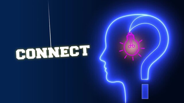 Connect text sign swinging besides a glowing neon blue human head profile with a pink light bulb and question mark representing networking and mental connections