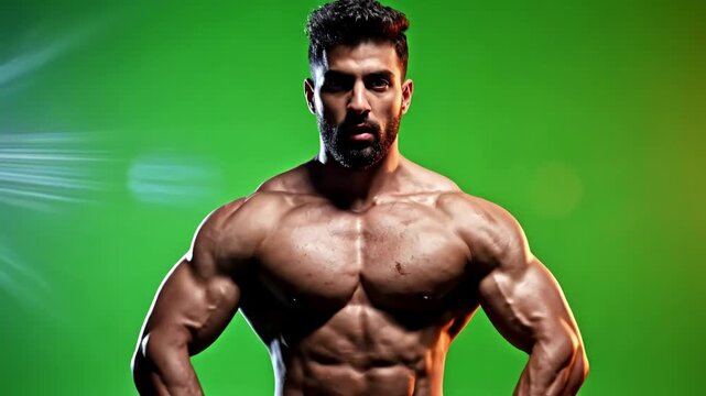 Green Screen head of young muscular shirtless man flexing muscles scene 2 with distortion, overlay, glitch, static noise, scan lines on black background, 4k animated video loop