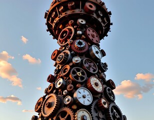 Naklejka premium Rustic Industrial Sculpture Sunset Scene
