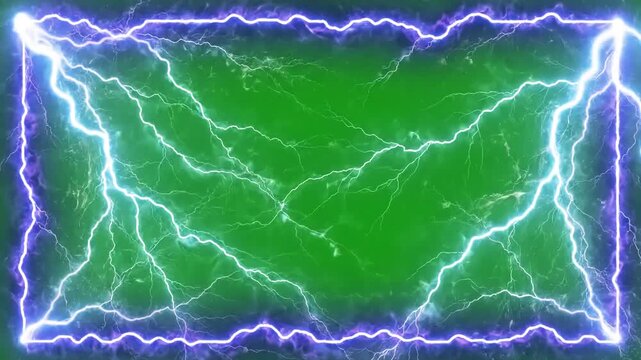 Green Screen seamless looping lightning neon energy frame background or border on scene 1 with distortion, overlay, glitch, static noise, scan lines black background, 4k animated video loop