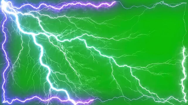 Green Screen seamless looping lightning neon energy frame background or border on scene 3 with distortion, overlay, glitch, static noise, scan lines black background, 4k animated video loop