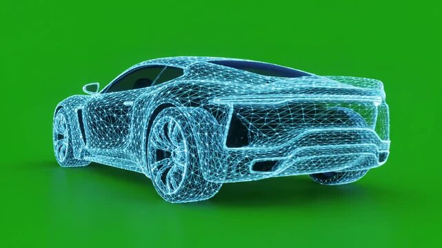 Automotive Engineering & Diagnostics with car plexus animation rendering visualization distortion, green screen overlay, glitch, static noise, scan lines on black background, 4k animated video loop