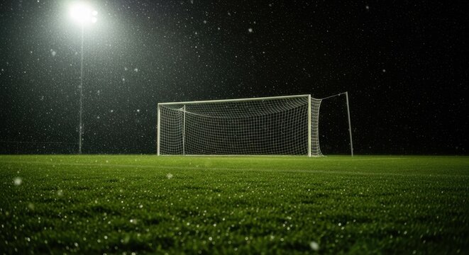 A soccer goal on a green field under a bright stadium light at night