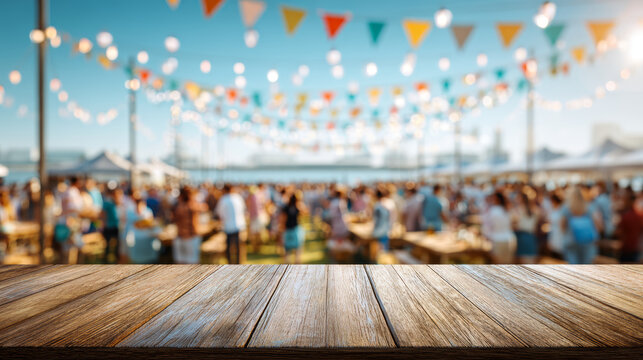 Outdoor festival crowd wooden table summer party sunny celebration colorful bunting empty tabletop blurred people background create joyful scene