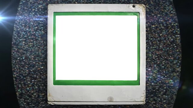 Green Screen the retro vintage frame of an old white instant photo over a bad tv vhs texture background with scanlines scene 2 distortion, overlay, glitch, static noise, scan lines on black