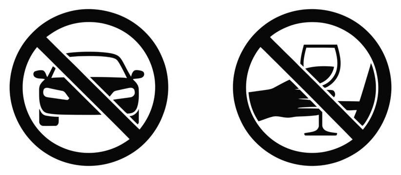 Do, not drink and drive warning signs set featuring prohibition symbols, alcohol and car restriction icons, road safety awareness concept, modern flat vector