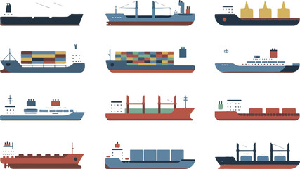 Cargo ship vector set with container vessels oil tankers and freight transport boats for global maritime logistics and shipping © MdMahedi