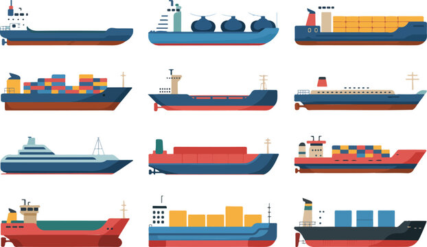 Cargo ship vector set with container vessels oil tankers and freight transport boats for global maritime logistics and shipping