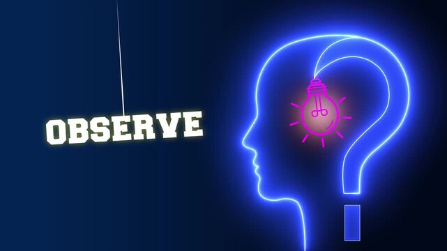 Observe text sign swinging besides a glowing neon blue human head profile with a pink light bulb and question mark representing deep observation and insight
