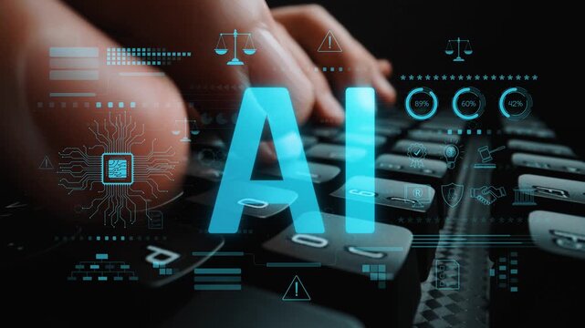 AI circuit microchip with glowing blue lines, surrounded by legal scales, warning symbols, data sheets, and binary codes, representing ethical AI, AI governance, and data integrity Marrow