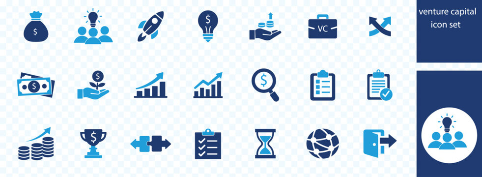 Venture Capital icon set vector illustration. Containing icon of return on investment, earning, equity and more. Glyph Solid icon symbol collection