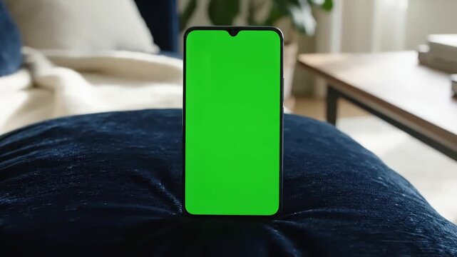 Domestic Setting with woman at home lying on a sofa and using smartphone green mock up screen in vertical mode girl browsing internet watching content videos blogs pov distortion, overlay, glitch