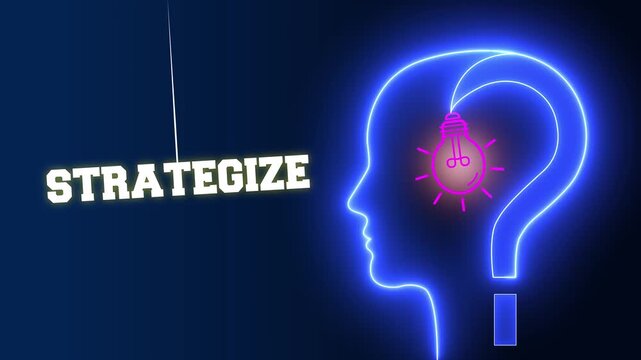 Strategize text sign swinging besides a glowing neon blue human head profile with a pink light bulb and question mark for advanced business strategy and logic