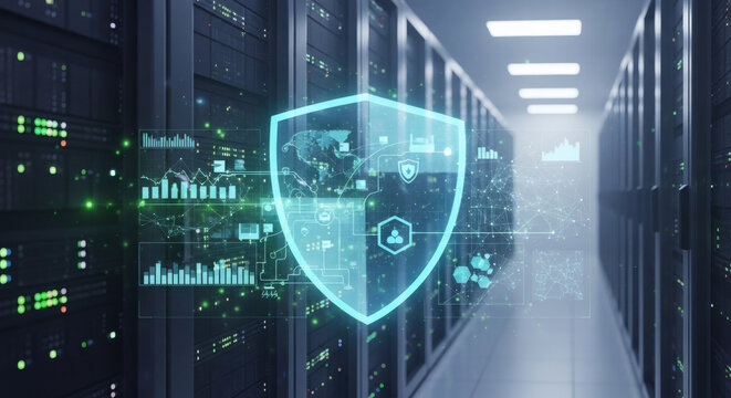 Digital Cybersecurity Concept with Holographic Shield in Modern Data Center Server Room for Network Data Protection