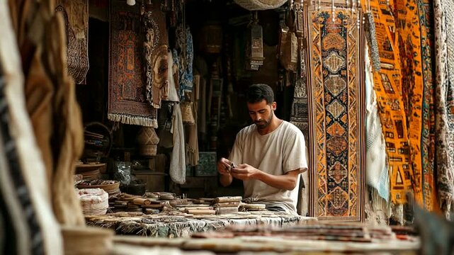 Man working in a traditional textile shop with colorful carpets and fabrics.