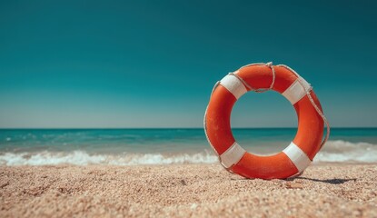 Naklejka premium Vibrant Lifebuoy on Sandy Beach with Turquoise Sea and Sky.