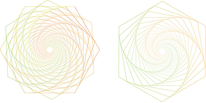 Halftone lines pentagon, circle, cross, and spiral shapes, vector illustration.