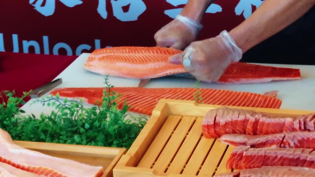 A close-up of a chef using a sharp knife to slice large fillets of fresh salmon on a white cutting board during food demonstration.